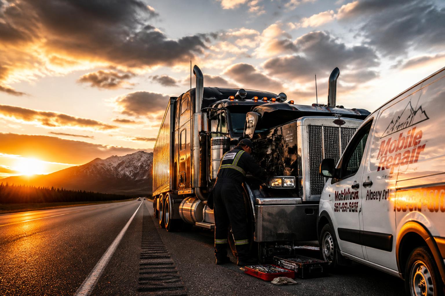 Heavy-duty semi truck on the highway being serviced by a mobile mechanic